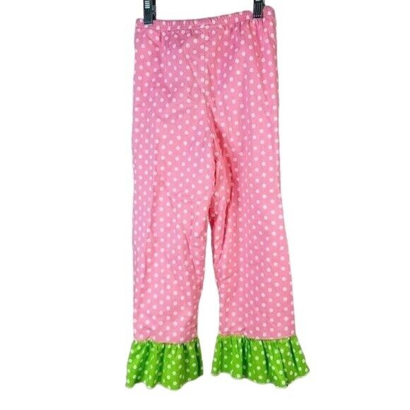 Girls Ruffle Pants Pink Size 7 White Green Lined Polka Dot Full Length Pull On - Picture 5 of 6